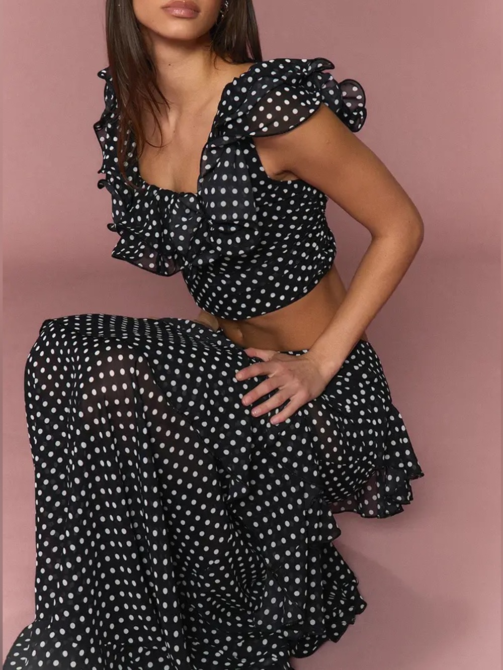 Black Chiffon Polka Dot Ruffle Crop Top & Skirt - worn once